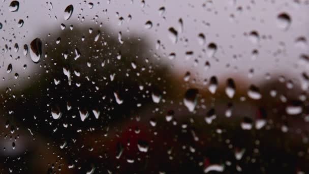 Zoom arrière détails rapprochés de gouttelettes d'eau de pluie lourde coulent sur le verre de fenêtre — Video