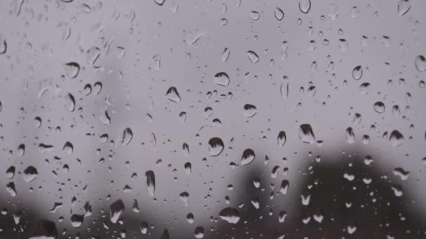 Primer plano detalles de fuertes gotas de agua de lluvia arrojan hacia abajo en vidrio de ventana gris — Vídeo de stock