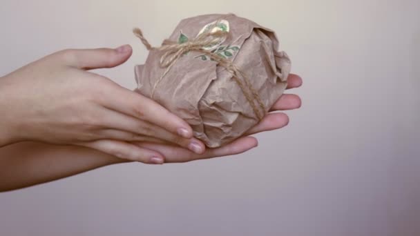 女性の手は、再利用可能な環境に優しいゼロ廃棄物生分解性クラフト紙ギフト包装、有機リサイクル材料に創造的な自家製クリスマスプレゼントを保持 — ストック動画