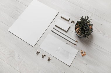 Ahşap arka plan üzerine kurulmuş boş kırtasiye fotoğrafı. İş markası şablonu. Markalama alay.