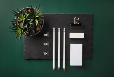 Yeşil arka planda boş kırtasiye seti. Tepkili tasarım modeli. Düz yatıyordu.