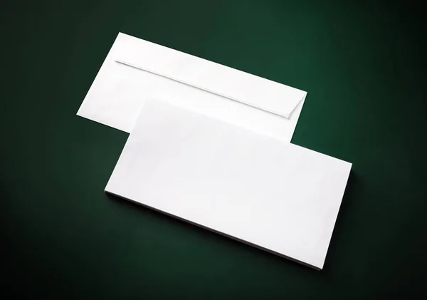Two Blank White Envelopes Green Background Copy Space — Stock Photo, Image