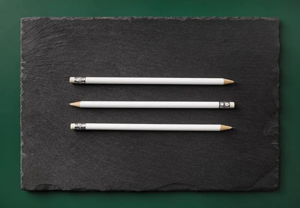 Three Blank White Pencils Copy Space Stone Board Template Branding — Stock Photo, Image