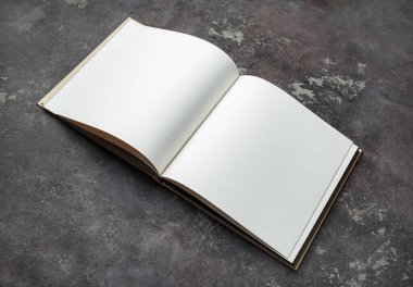 Boş, beton zemin üzerine broşür açtı. Grafik tasarımcılarının portföyleri için bir model.