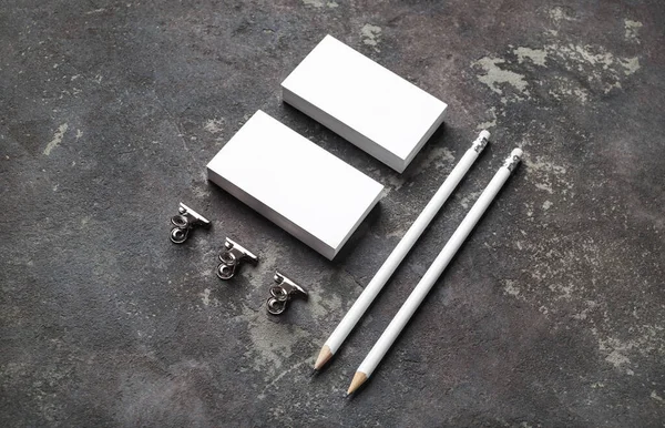Blank Stationery Set White Business Cards Pencils Concrete Background — Stock Photo, Image
