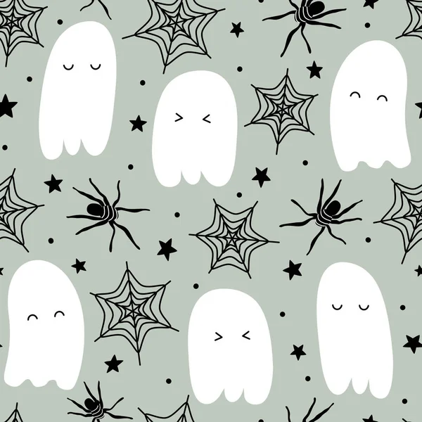 Roztomilý Kreslený Halloween Bezešvé Vektorové Vzor Pozadí Ilustrace Duchem Kosti — Stockový vektor