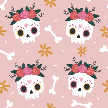 Dia de los muertos, Meksika Ölüler Günü tatlı çizgi film renksiz vektör desenli arkaplan çizimi