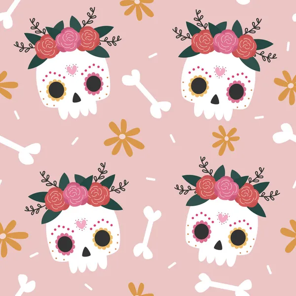 Dia de los muertos, Meksika Ölüler Günü tatlı çizgi film renksiz vektör desenli arkaplan çizimi