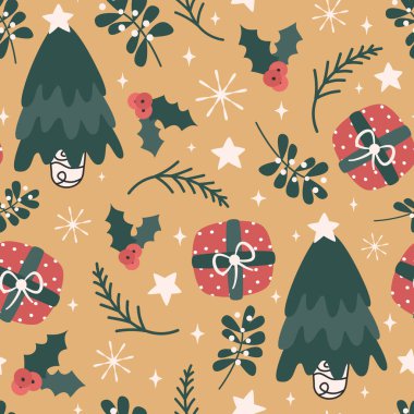 Sevimli noel el el çizimleri, çizgi film çizimleri, noel ağacı, hediye kutusu, çobanpüskülleri, yıldızlar, kar taneleri, ökseotu ve sarı arka plandaki diğer geleneksel tatil unsurları ile kusursuz vektör deseni çizimi.