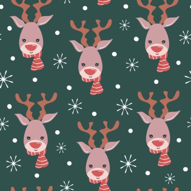 Sevimli noel kusursuz vektör deseni çizimi kırmızı eşarplı ve yeşil arka planda kar taneleri olan sevimli çizgi film karakteri geyiği çizimi