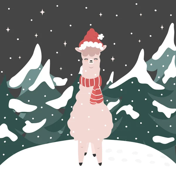 Carino Natale Personaggio Cartone Animato Lama Nella Neve Con Cappello — Vettoriale Stock