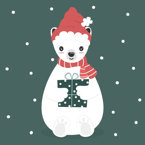 Schattige Mooie Hand Getekend Stripfiguur Baby Witte Ijsbeer Met Kerstman — Stockvector