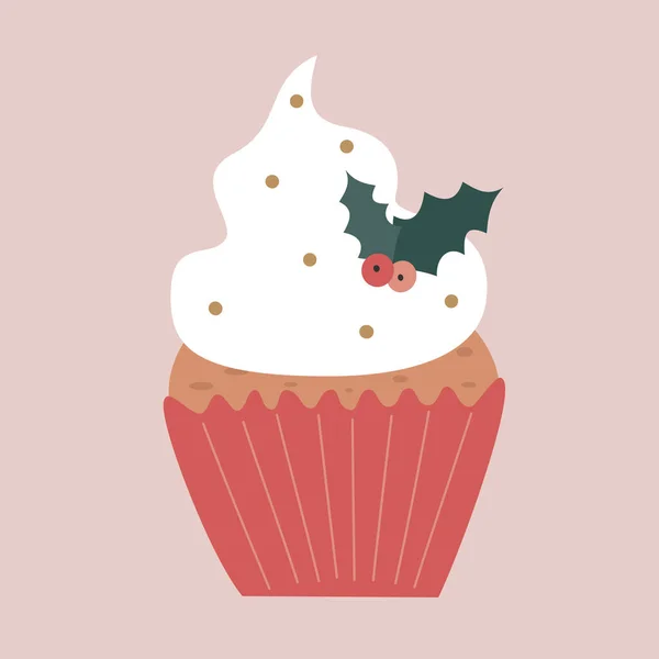 Cute Cartoon Christmas Cupcake Holidays Vector Illustration Isolated Pink Background — стоковый вектор