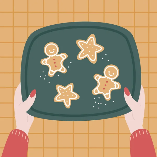 Cute Cartoon Female Hands Holding Serving Tray Christmas Gingerbread Cookies — Vetor de Stock