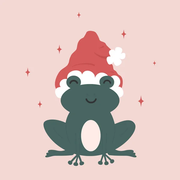 Cute Cartoon Lovely Character Frog Santa Claus Hat Funny Christmas — Stock Vector