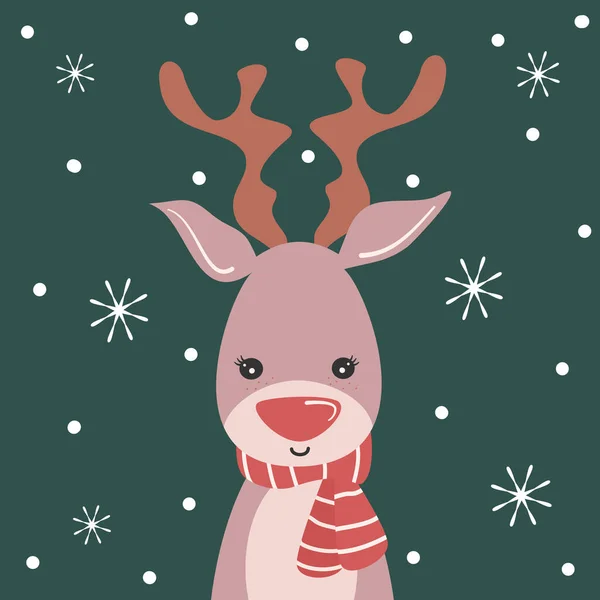 Leuke Vakantie Kerst Vector Kaart Illustratie Met Cartoon Karakter Rendieren — Stockvector