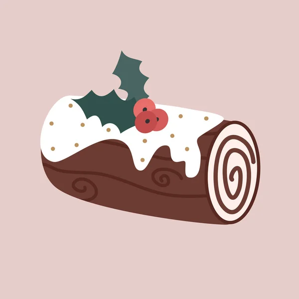 Cute Cartoon Holidays Yule Log Dessert Illustration Isolated Pink Background — Vettoriale Stock