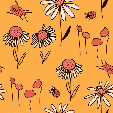 Sarı arka planda renkli papatya çiçekleri, gelincikler ve kırmızı böceklerle basit, pürüzsüz vektör deseni çizimi