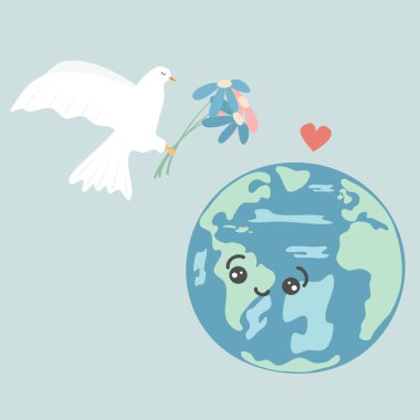 Sevimli çizgi film karakteri Erath gezegeni ve renkli papatya çiçekli beyaz güvercin barış illüstrasyonu