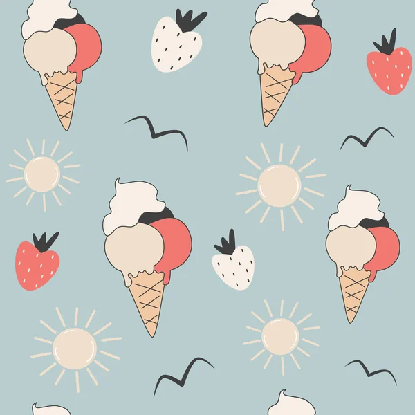 可爱的卡通画摘要红白相间的冰淇淋和草莓无缝病媒图案背景图片说明与阳光和鸟类轮廓 — 图库矢量图片