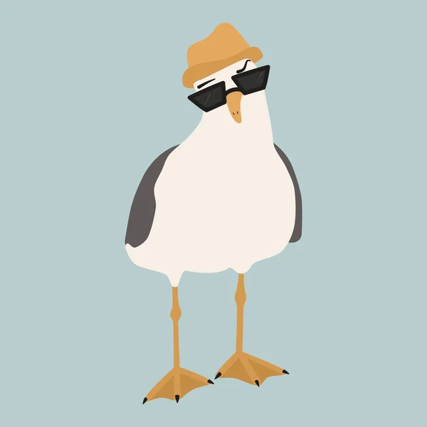 Cute Cartoon Funny Character Seagull Sunglasses Summer Hat Vector Illustration — Stock Vector