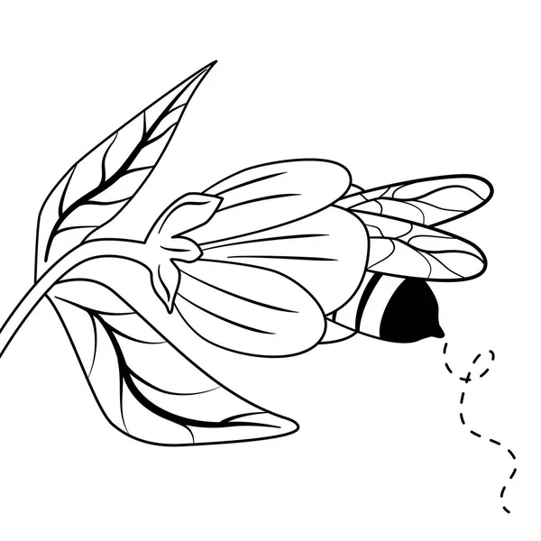 Lindo Dibujo Animado Ilustración Vectorial Blanco Negro Con Abeja Flor — Archivo Imágenes Vectoriales