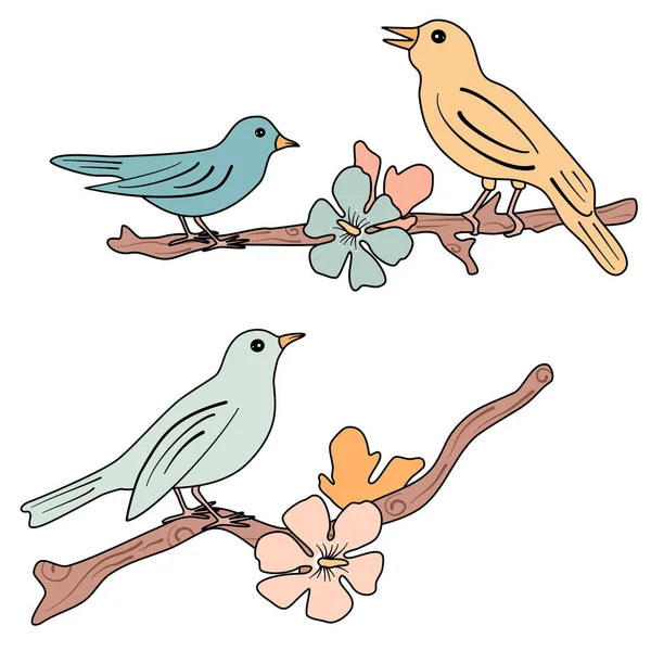 Lindo Dibujos Animados Pastel Aves Sentado Ramas Con Hermosas Flores — Vector de stock