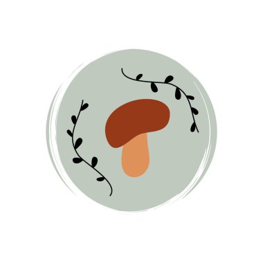Cute mushroom and elegant black branches with leaves icon vector, illustration on circle with brush texture, for social media story and highlights cover