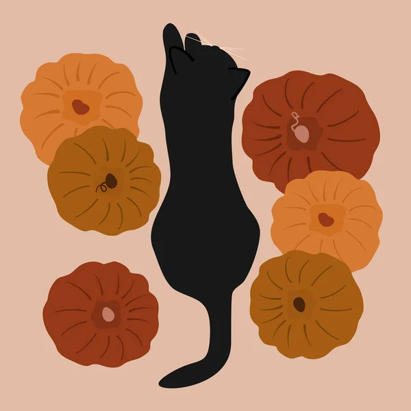 かわいい漫画秋休みベクトルイラスト付き黒猫とカボチャ — ストックベクタ