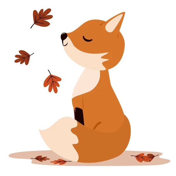 Roztomilý Kreslený Znak Liška Podzimní Listy Vektorové Ilustrace Izolované Bílém — Stockový vektor