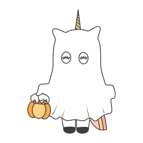 Lucu Karakter Kartun Hantu Unicorn Lucu Vektor Halloween Ilustrasi Terisolasi - Stok Vektor