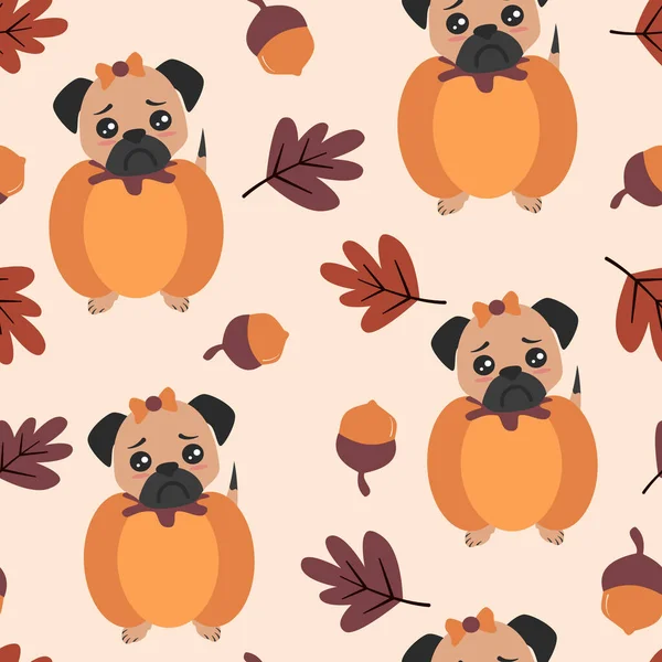 Cute Cartoon Character Pug Puppy Pumpkin Costume Funny Holiday Season — Stock Vector