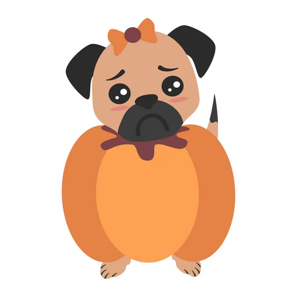 Lindo Personaje Dibujos Animados Cachorro Pug Dentro Traje Calabaza Divertida — Vector de stock
