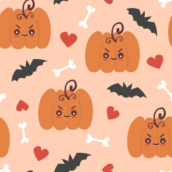 可爱可爱可爱的秋天天衣无缝的病媒图案背景图片说明卡通人物橙色婴儿南瓜 骨头和红心 — 图库矢量图片