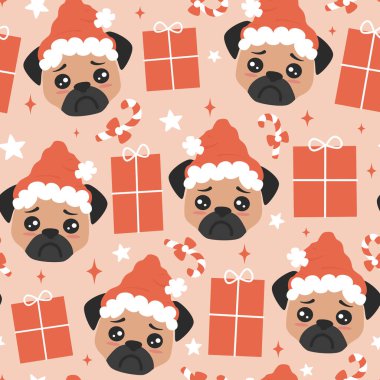 Noel Baba şapkalı sevimli çizgi film karakteri pug puppy. Kusursuz vektör çizimi.