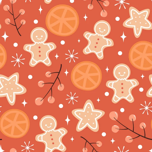 Seamless Pattern Christmas Cookies Berries Stars Orange Slice Snowflakes — Stock Vector