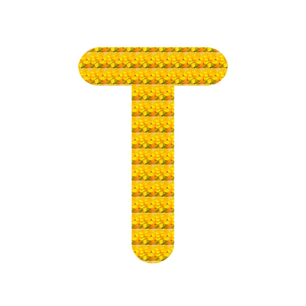 字母T以黄色芥末花的形式分离在白色上 字母拼音 — 图库照片