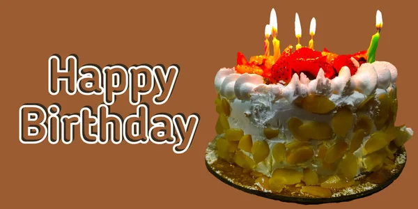 Rendering Bianco Buon Compleanno Testo Con Torta Fragole Candele Colorate — Foto Stock