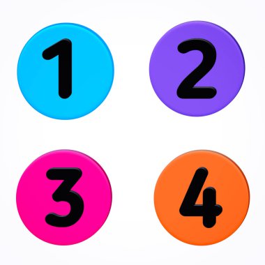 Siyah 1234 renkli yuvarlak şekilli, beyaz üzerine izole edilmiş 3D bir metin.