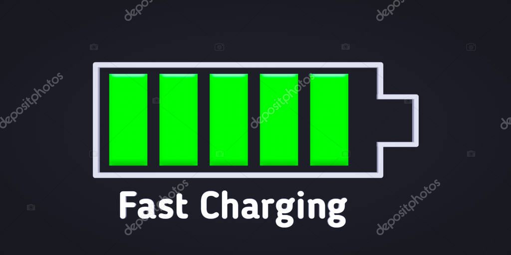 A 3d rendering white Fast Charging text isolated on lite black with full battery icon