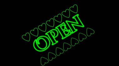 Siyah zemin üzerinde neon yeşil kalp şekilleri olan neon ışıklı metin animasyon metni açık. İş ve hizmet kavramı. Aydınlatılmış ve parlayan