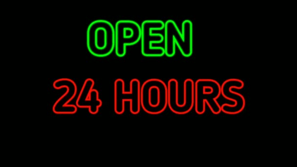 霓虹灯标志动画24小时开放黑色背景 绿色霓虹灯标志24小时开放 红色霓虹灯的颜色适合商店或酒吧和夜总会 卡辛纳 4K镜头商业概念 — 图库视频影像