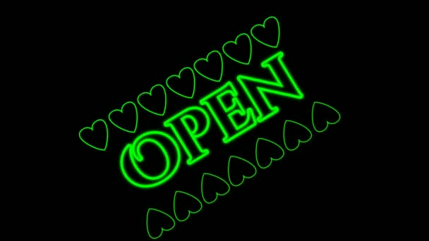 Text Open Mit Neongrünen Herzformen Auf Schwarzem Hintergrund Geschäfts Und — Stockvideo