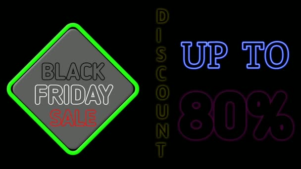 Black Friday Sale Neon Sign Animation Black Background Discount Percent — Stock Video