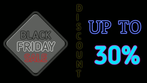 黑色星期五销售4K霓虹灯标志动画黑色背景 折扣高达百分之三十的文字 标志和符号霓虹灯签署商业概念 用于商店 夜总会或餐馆 — 图库视频影像