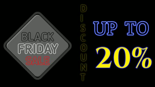 Black Friday Sale Neon Sign Animation Black Background Discount Percent — Stock Video