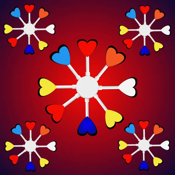 Ilustrace Barevná Srdce Utvářejí Abstraktní Kruhy Izolované Pozadí Červeného Gradientu — Stock fotografie