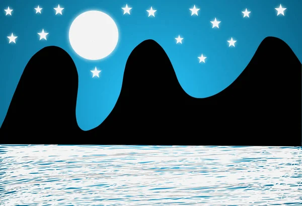 Une Illustration Montagne Mer Avec Lune Étoiles Abstraite Fond Bleu — Photo