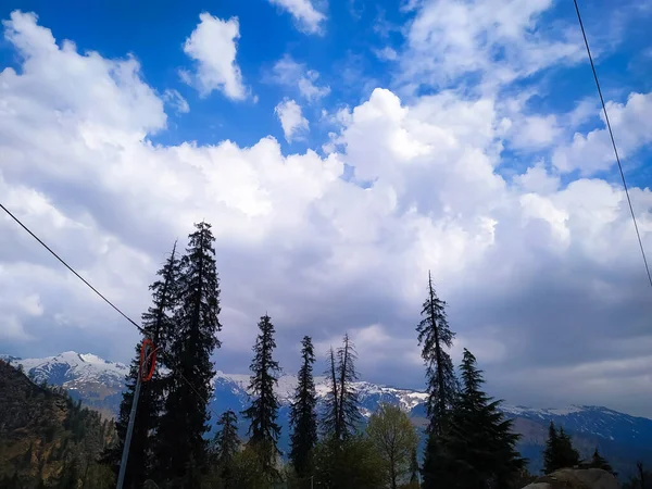 Nuvens Com Céu Azul Sobre Pinheiros Nas Montanhas — Fotografia de Stock