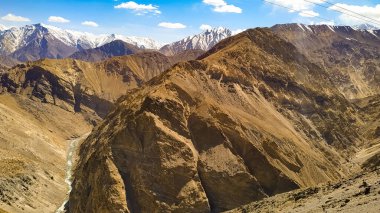 Yüksek Himalaya dağlarıyla Spiti Vadisi 'nin muhteşem manzarası, dağ vadisinde bulutlu mavi gökyüzü ve güneş ışığı. Himalayalar 'da seyahat et. Doğa